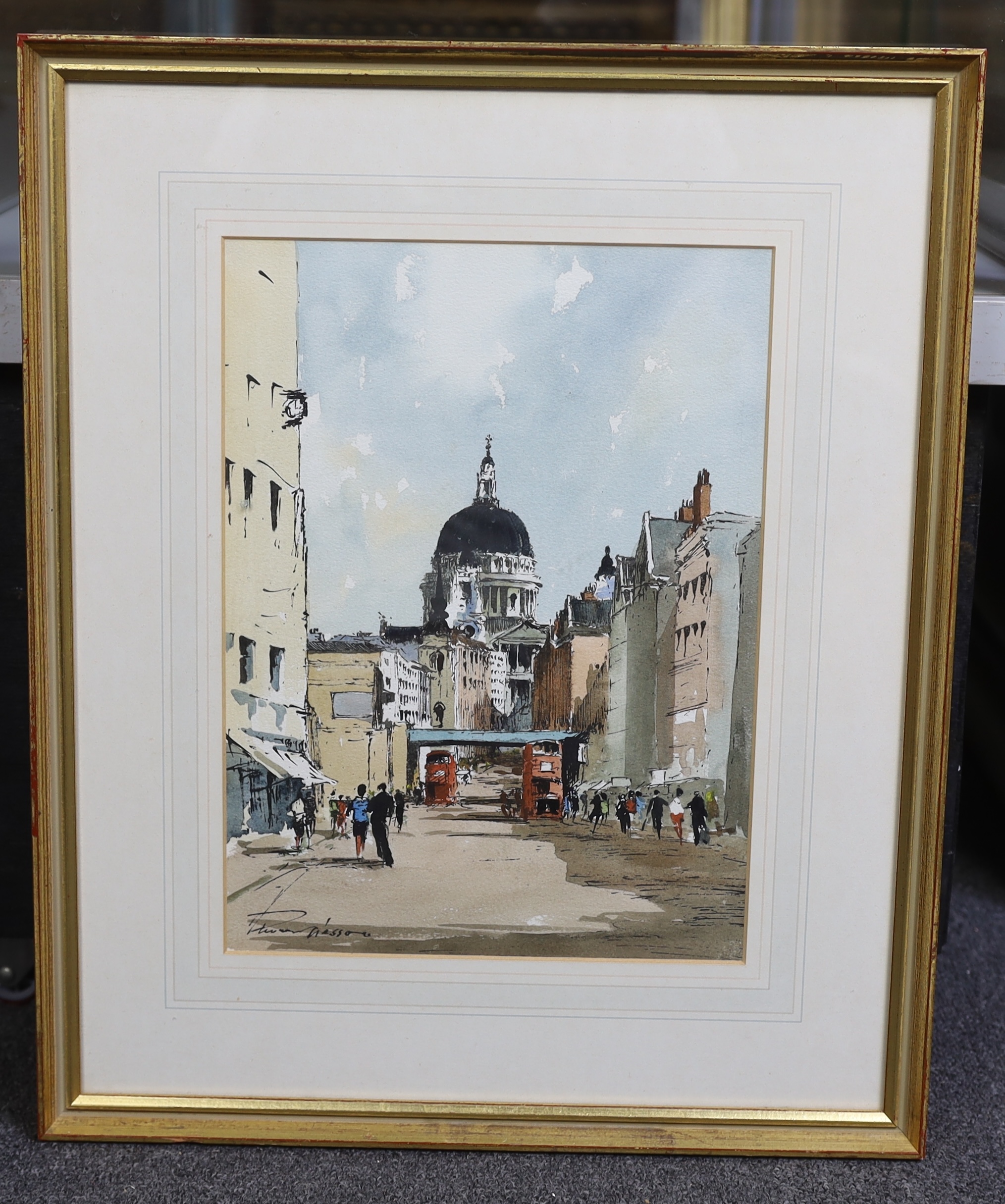 Edward Wesson (English, 1910-1983), St Paul's Cathedral, ink and watercolour, 34 x 25cm